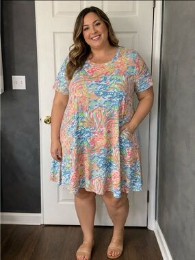 Simply Noelle Women’s Large Sea Glass Dress Colorful Abstract Print Swing Dress